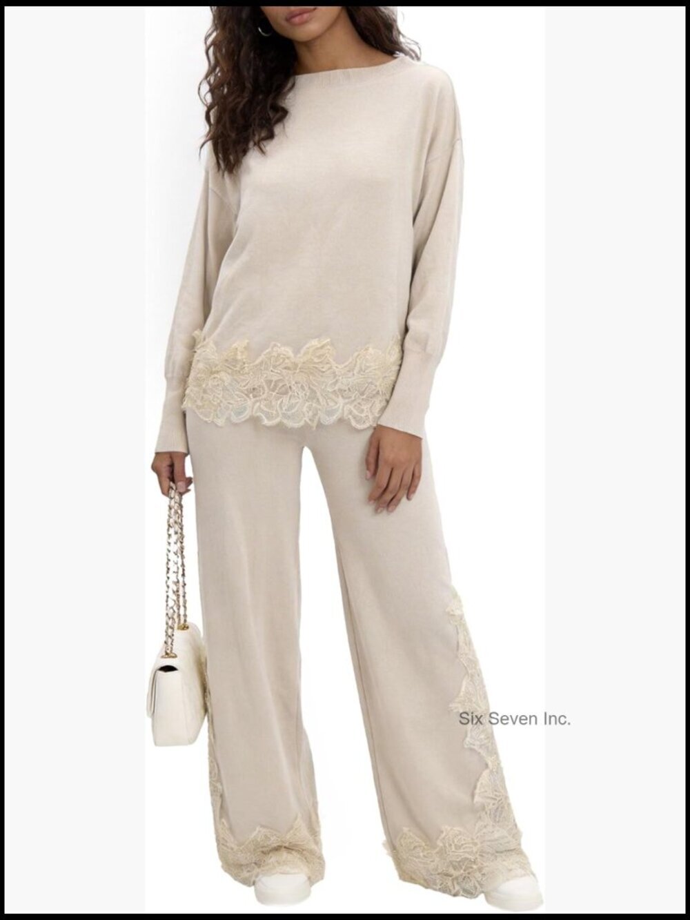 Cotton Spandex Lace Trim Crop Top Blouse, Casual 2 Piece Set Outfits